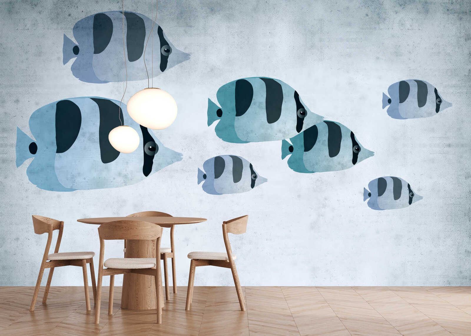 Fischwandbild, Fisch-Wandkunst, blaue Fische, runde Leuchte, Holztisch-Set