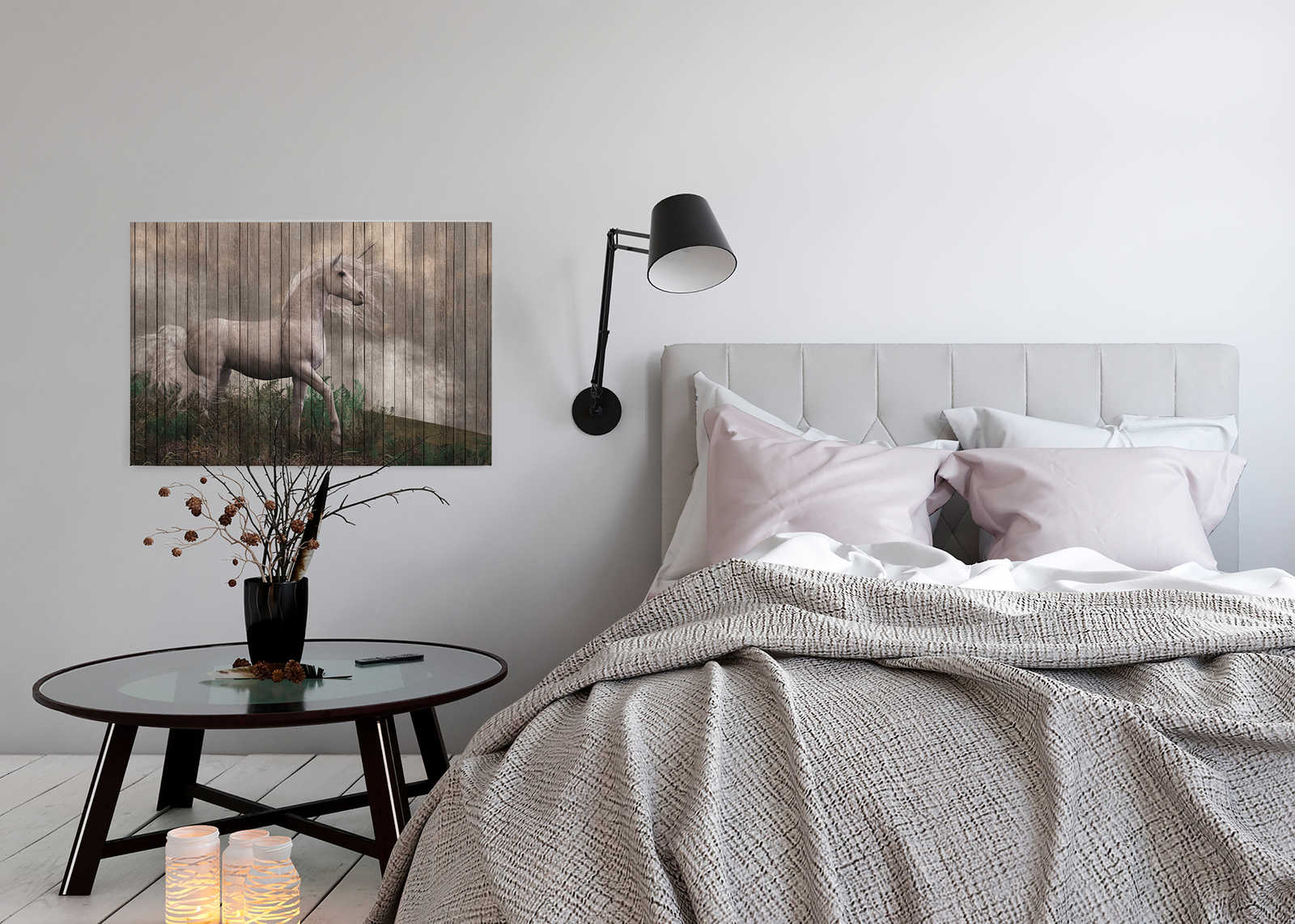             Fantasy 3 - Einhorn Leinwandbild mit Holzbrettoptik – 0,90 m x 0,60 m
        