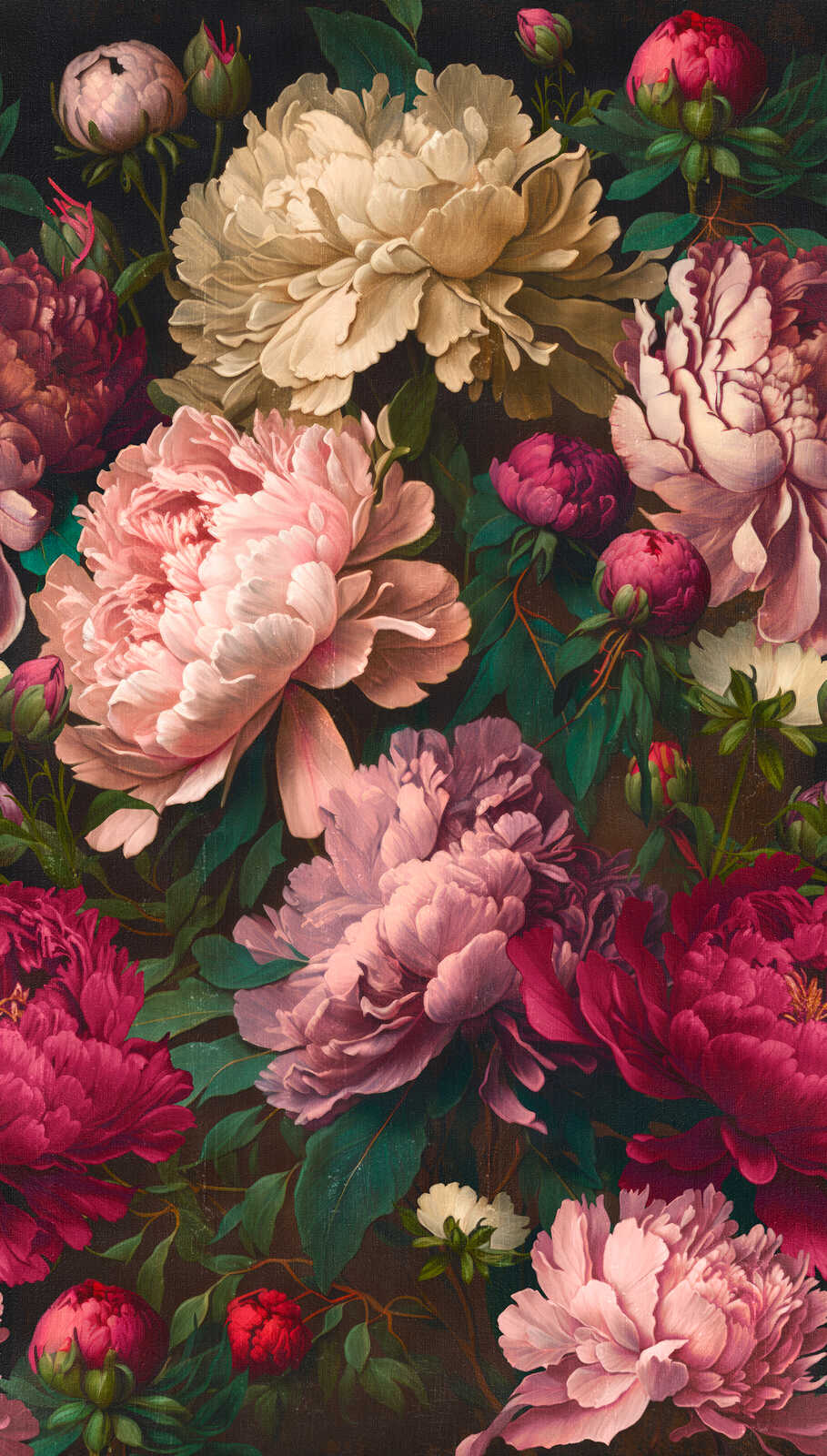Prachtvolle Blumen-Vliestapete mit opulenten Pfingstrosenblüten und einer großflächigen Musterwiederholung – Rosa, Rot, Pink