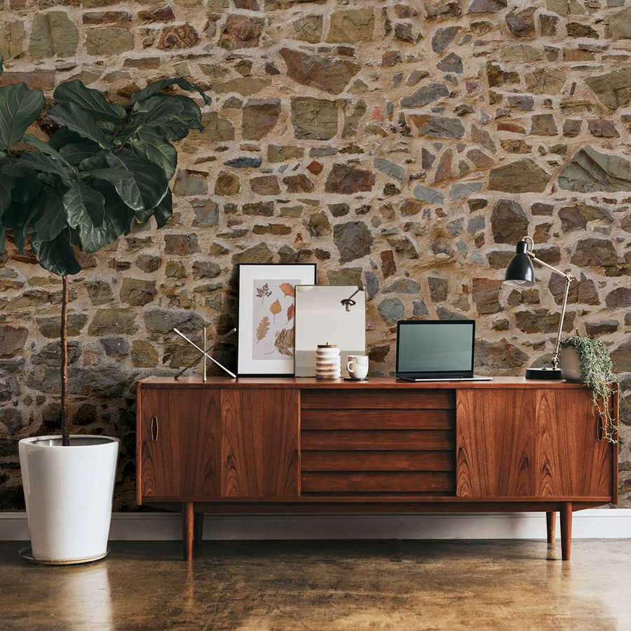         Fototapete mit Natursteinmauer in 3D-Optik – Beige, Braun
    