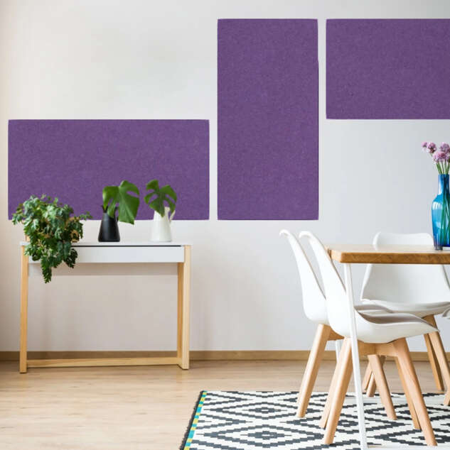 wohnzimmer, wandakustik, purple panels, pflanzen, möbel