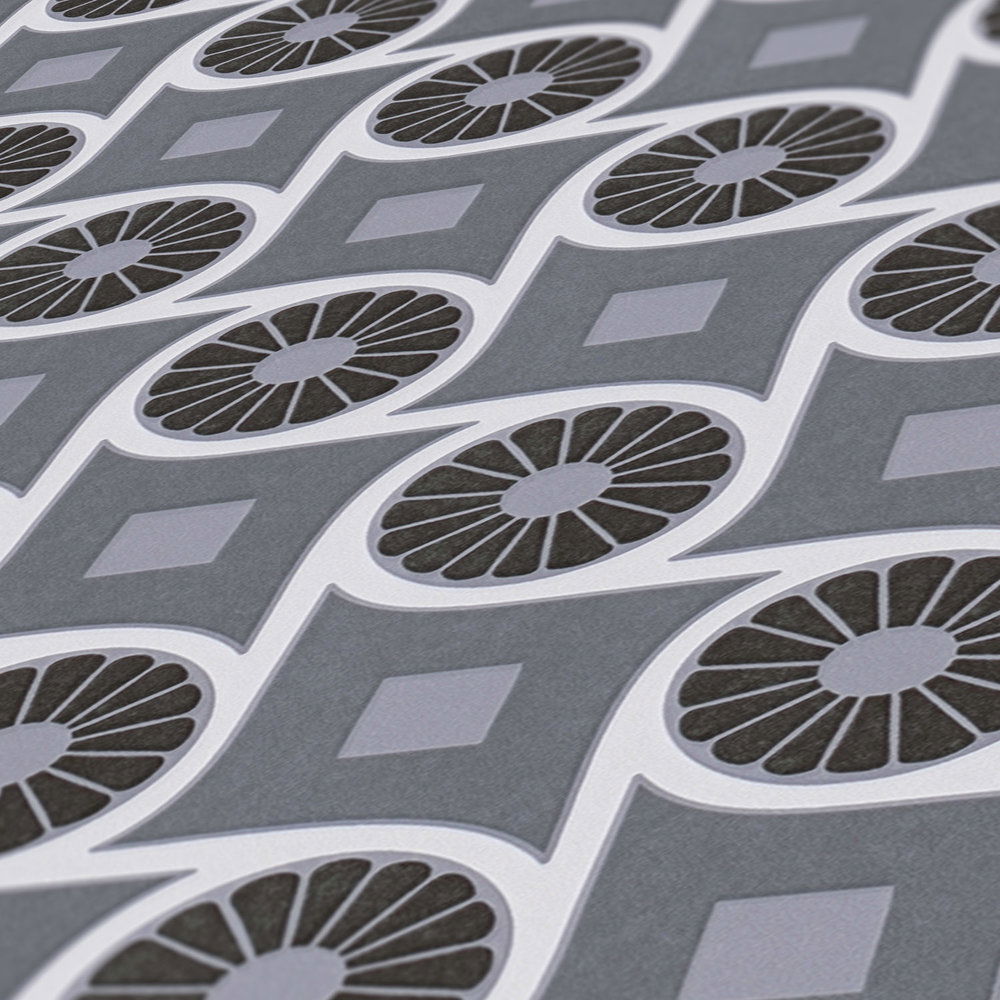             Tapete im Retrostil mit Kreismuster und Quadraten – Grau, Weiß, Schwarz
        