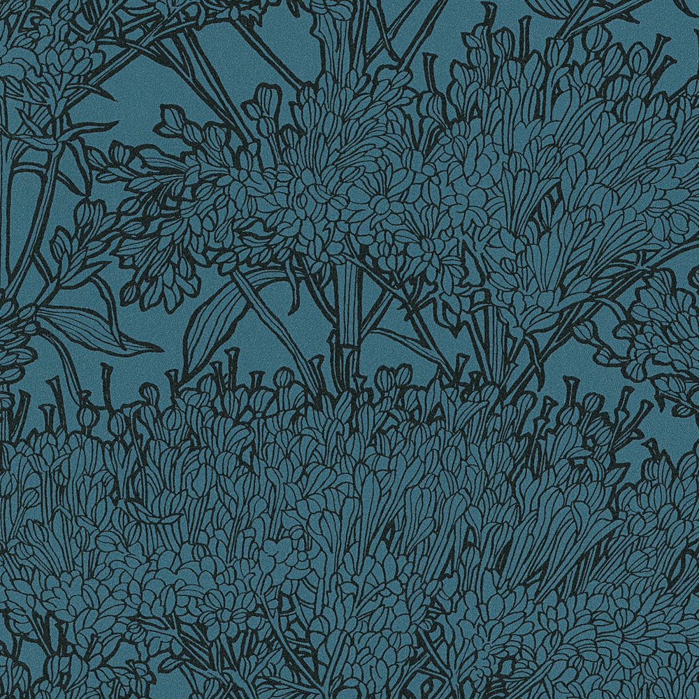             Petrolfarbene Blumentapete mit schwarzen Konturen – Blau, Schwarz
        