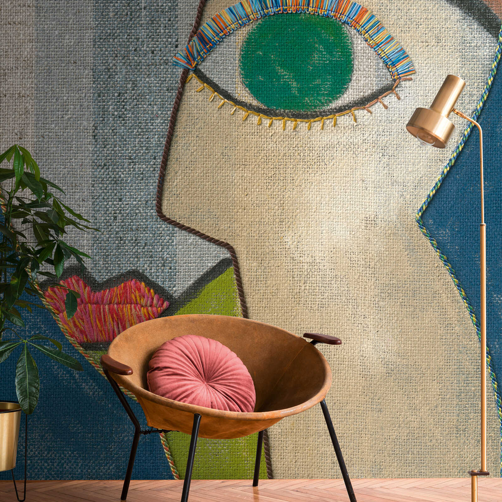         papier peint en papier intissé avec motif artistique abstrait dans un aspect textile cousu et une répétition de motifs à grande échelle - multicolore, bleu, beige
    