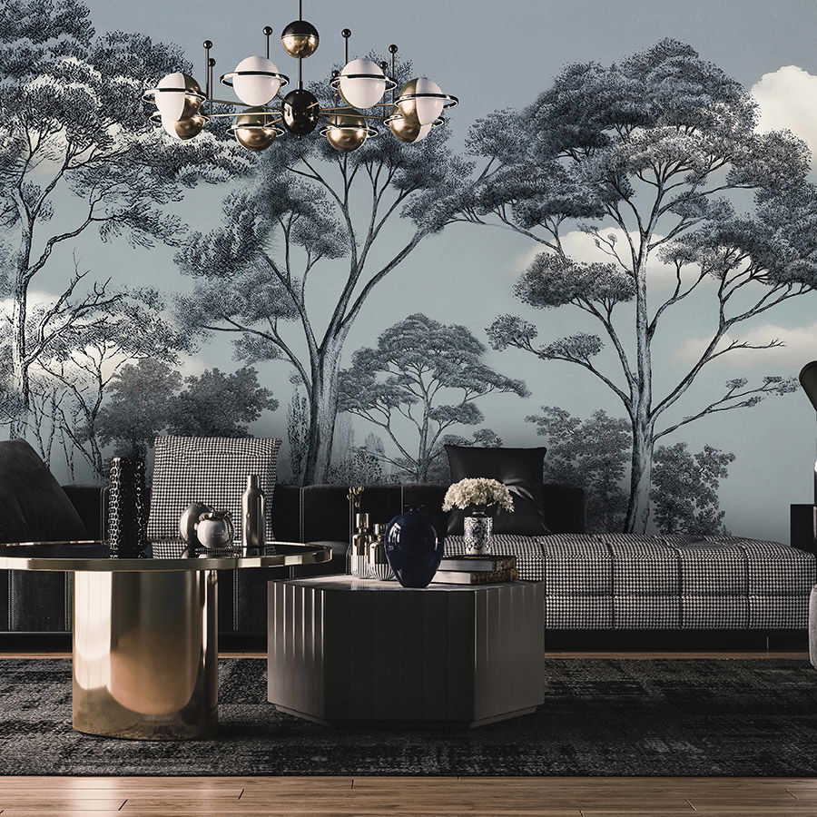         Fototapete »skye 2« - Regenwald vor Wolken –Blau-Grün | Glattes, leicht glänzendes Premiumvlies
    