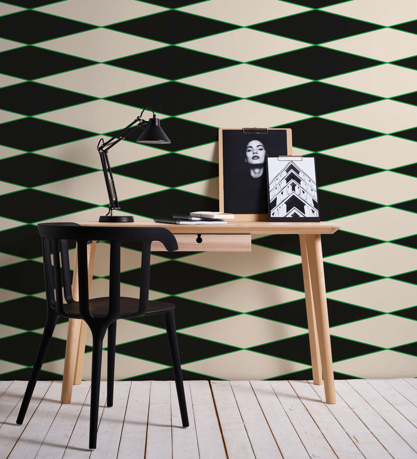            Graphic Wallpaper with Diamonds & Line Patterns - Black, Cream, Green | Premium Smooth Non-woven
        