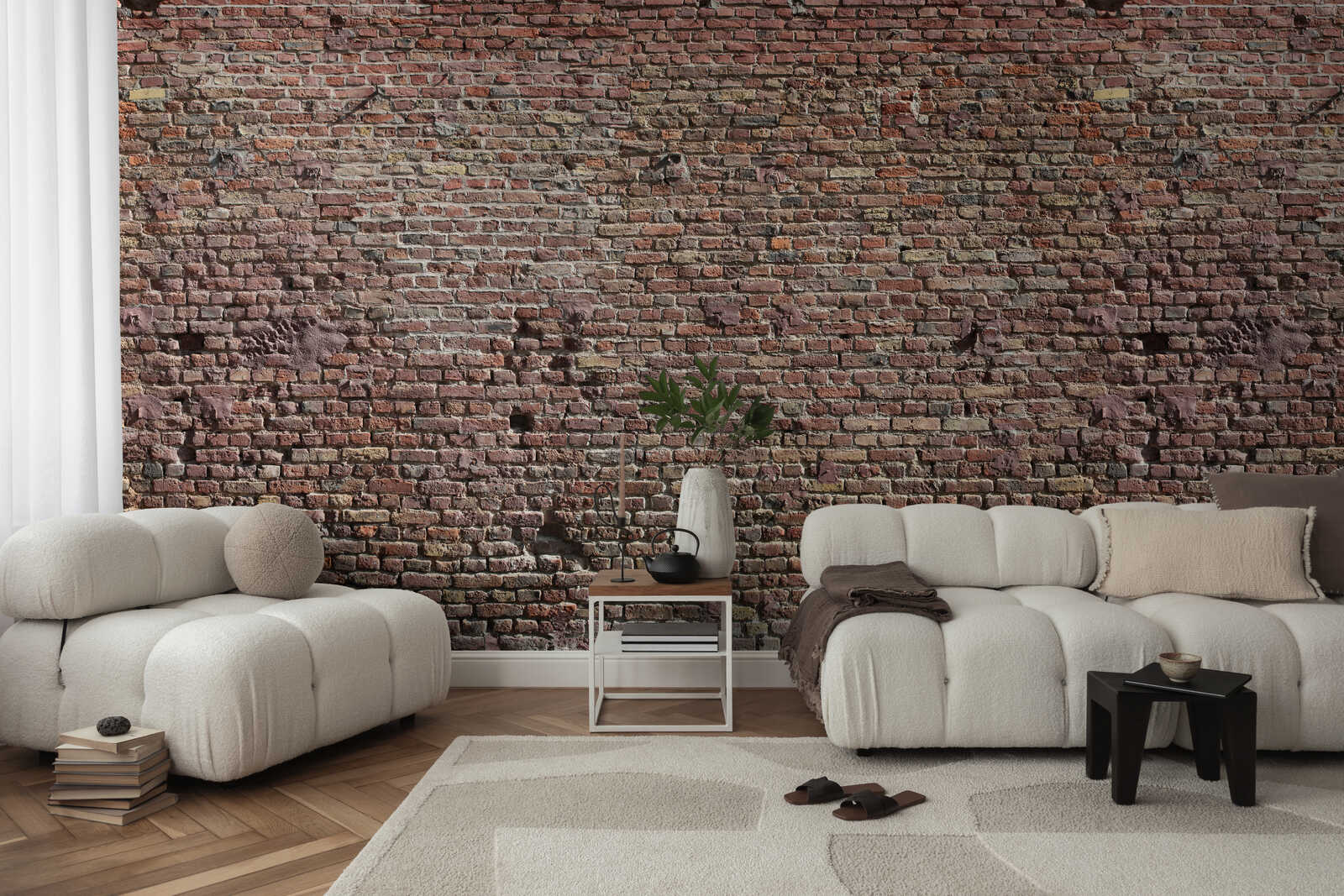 Wohnzimmer, Wandtapete, Backsteinwand, Sofa, Teppich