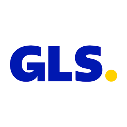Logo, GLS, blauer Text, gelber Punkt, grafisches Zeichen