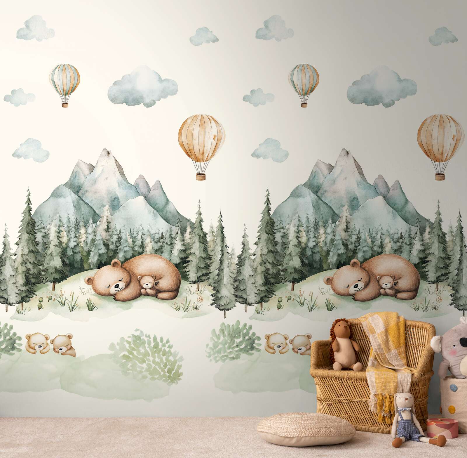 Wandtapete, Bärenwald, Waldlandschaft, Wolkenballons, Naturmotive