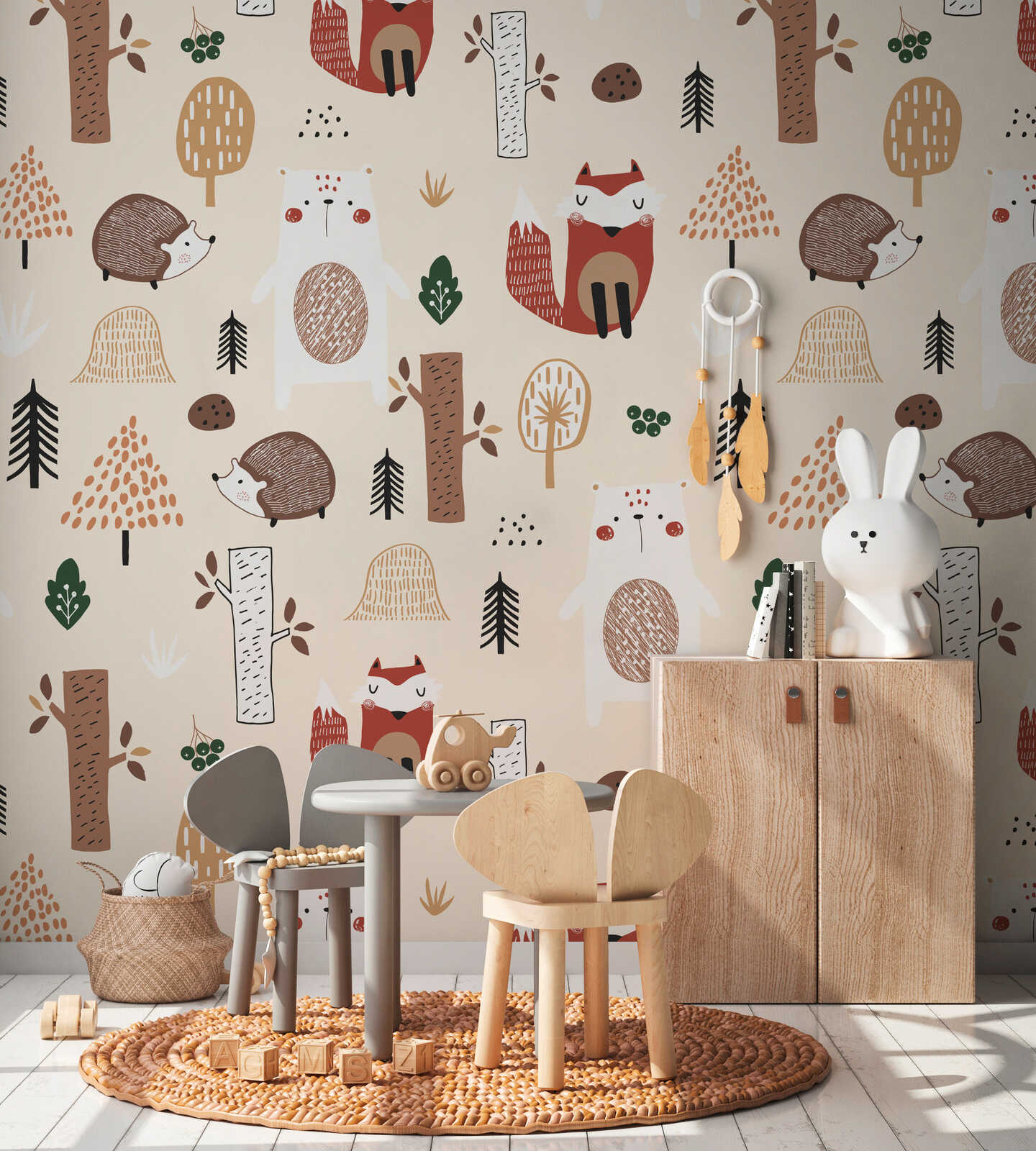         Forest adventure - Playful children's room wallpaper with foxes, hedgehogs and trees - beige, brown, red
    