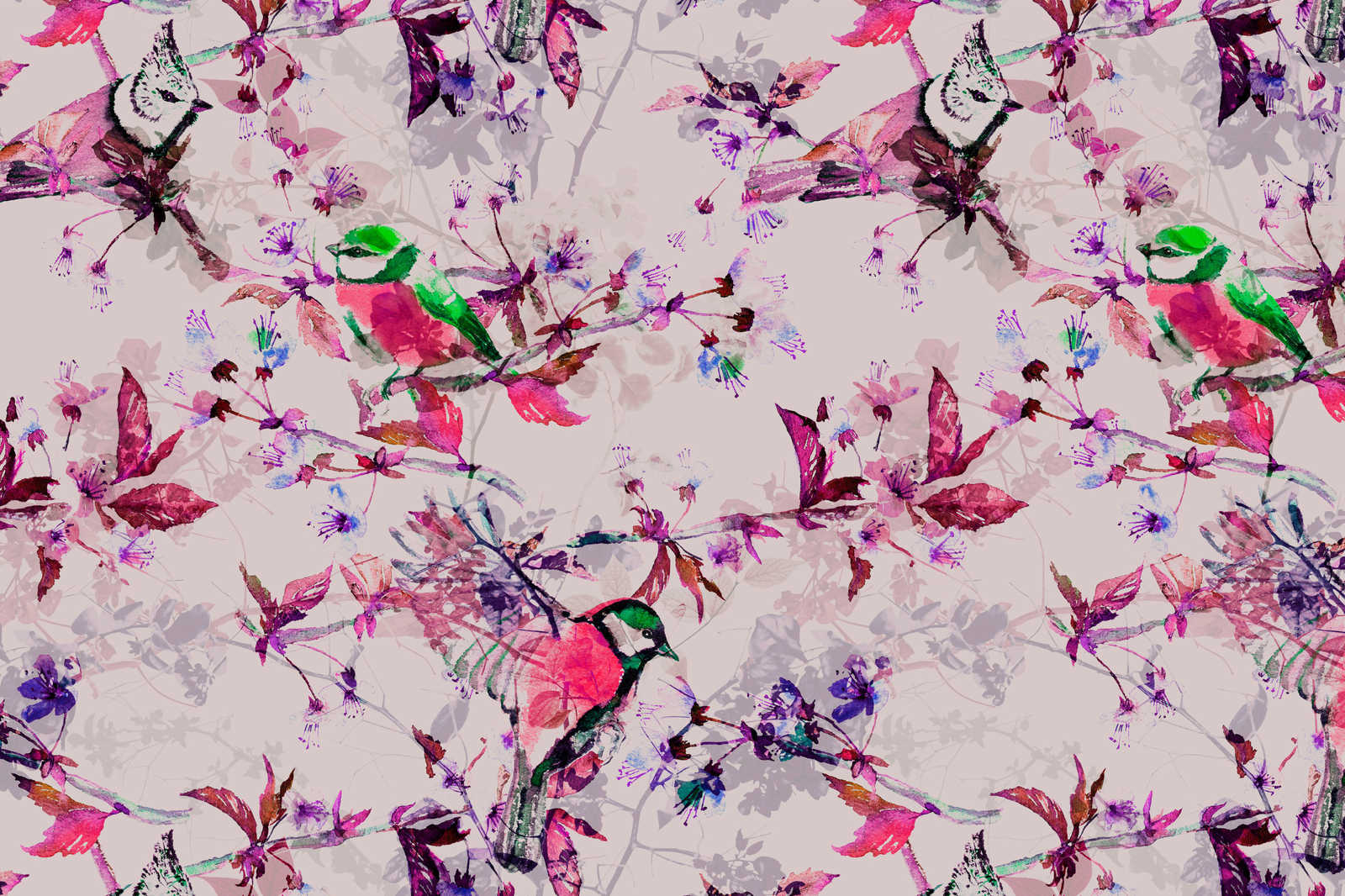 Vögel Leinwandbild im Collage Stil | rosa, blau – 0,90 m x 0,60 m