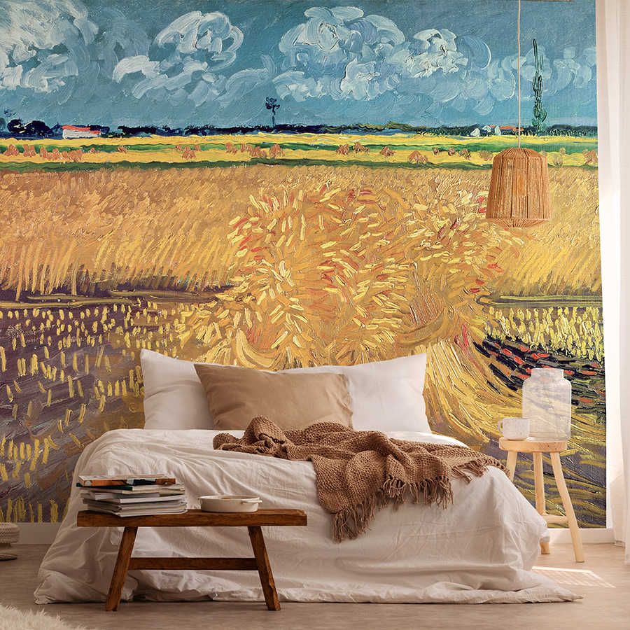 Wandbild, Heuboden, Landschaft, Stoffbettdecke, Korbleuchte
