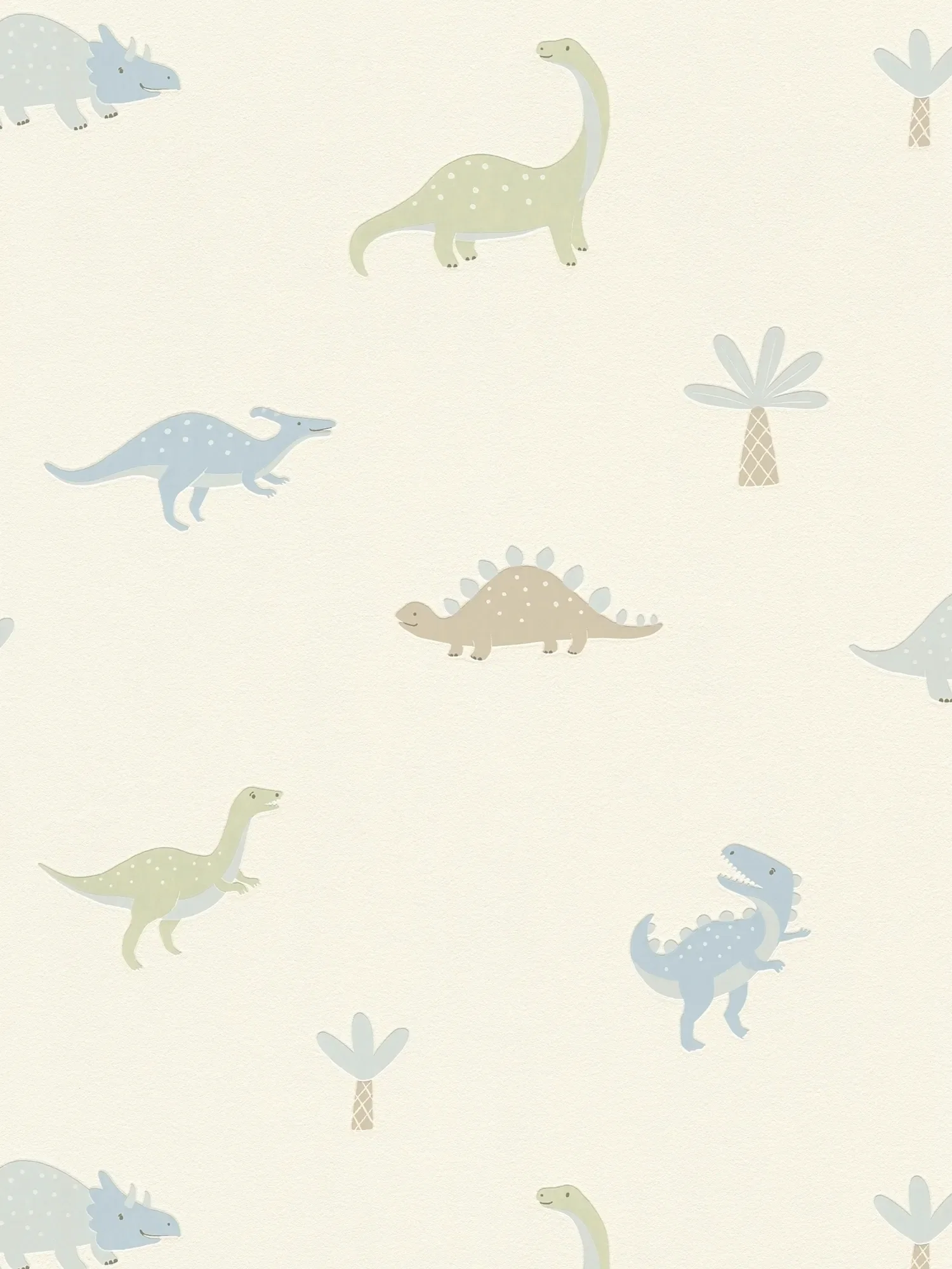 Vliestapete Kinderzimmer Dinosaurier, leicht glänzende glatte Oberfläche, naturnahe Farben – Creme, Grün