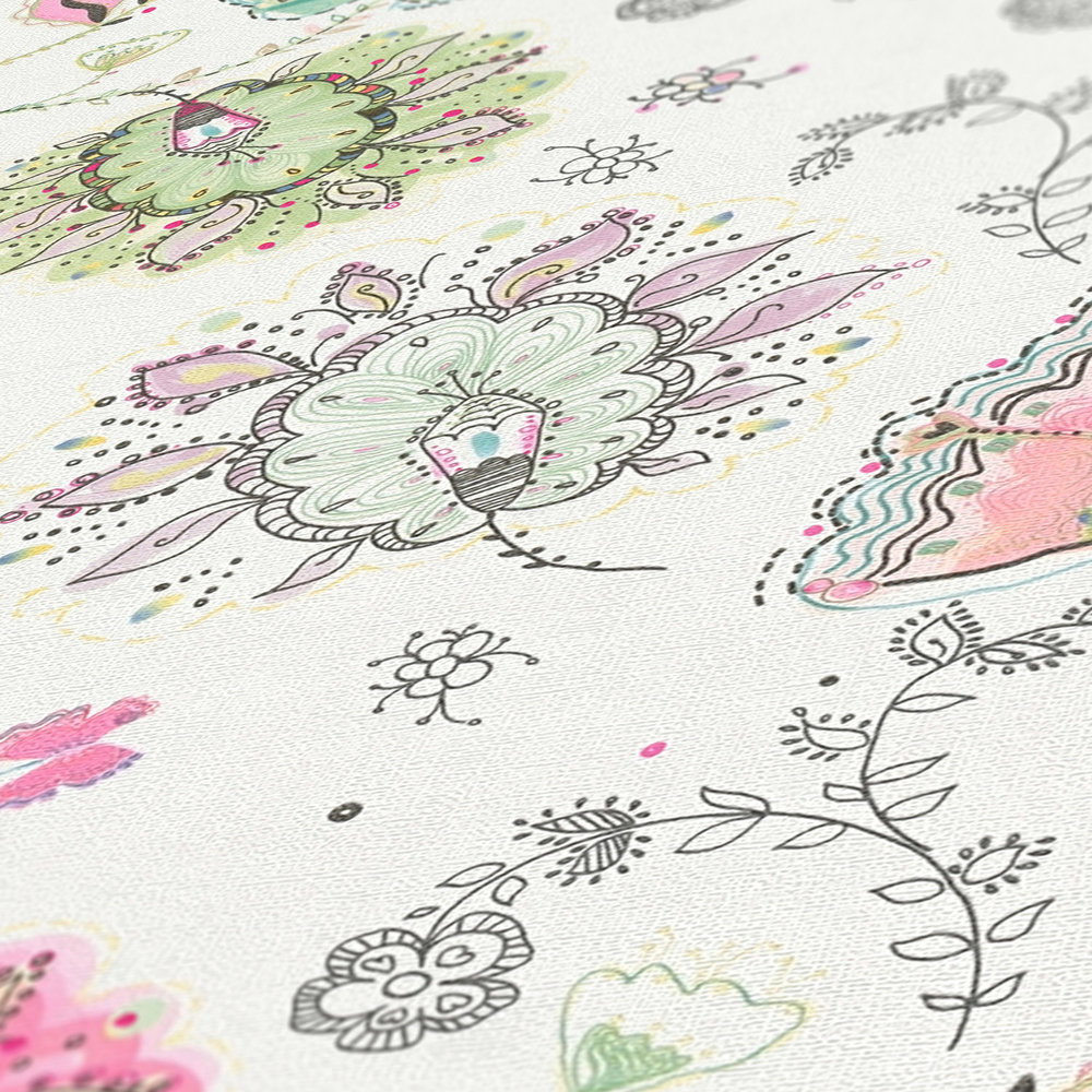 Floral pattern wallpaper in bold colours - cream, green, pink