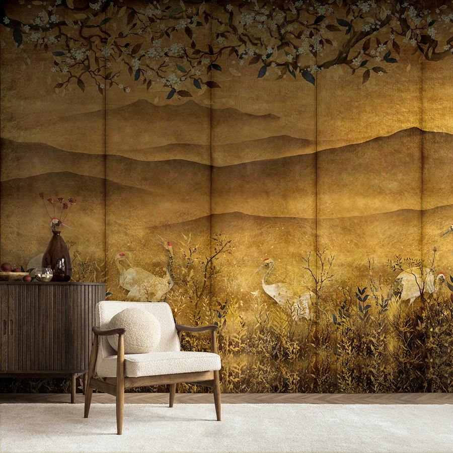  wallpaper,  mural,  golden landscape,  cranes,  studio seating