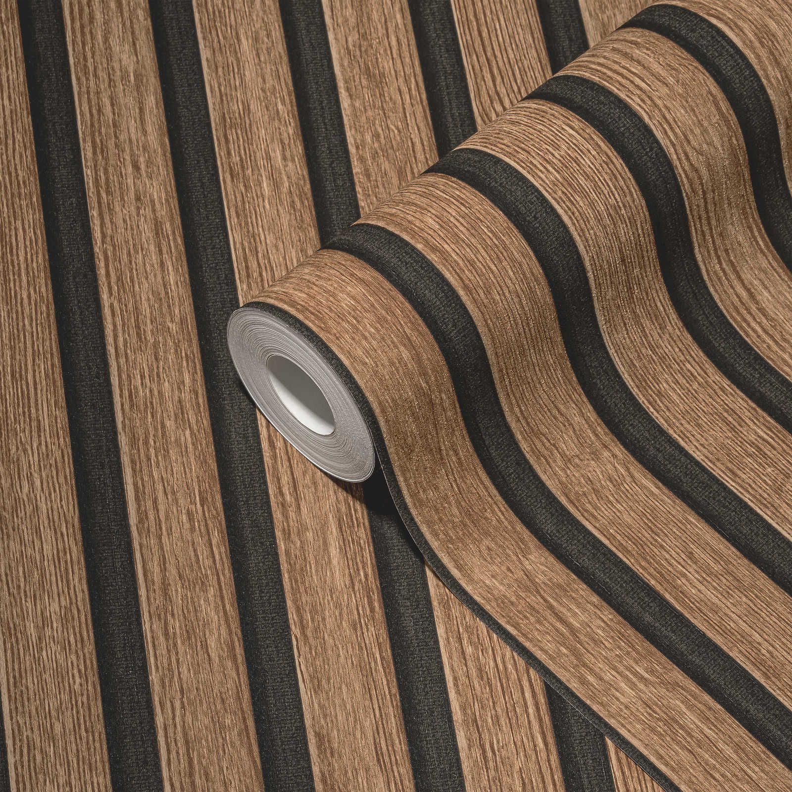             Akustikpaneele Vliestapete realistische Holzoptik – Braun, Schwarz
        