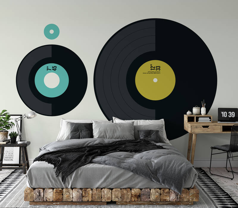 wanddeko, plattenwanddekoration, vinyl-stil, kreis-aufkleber, schwarz-gelb