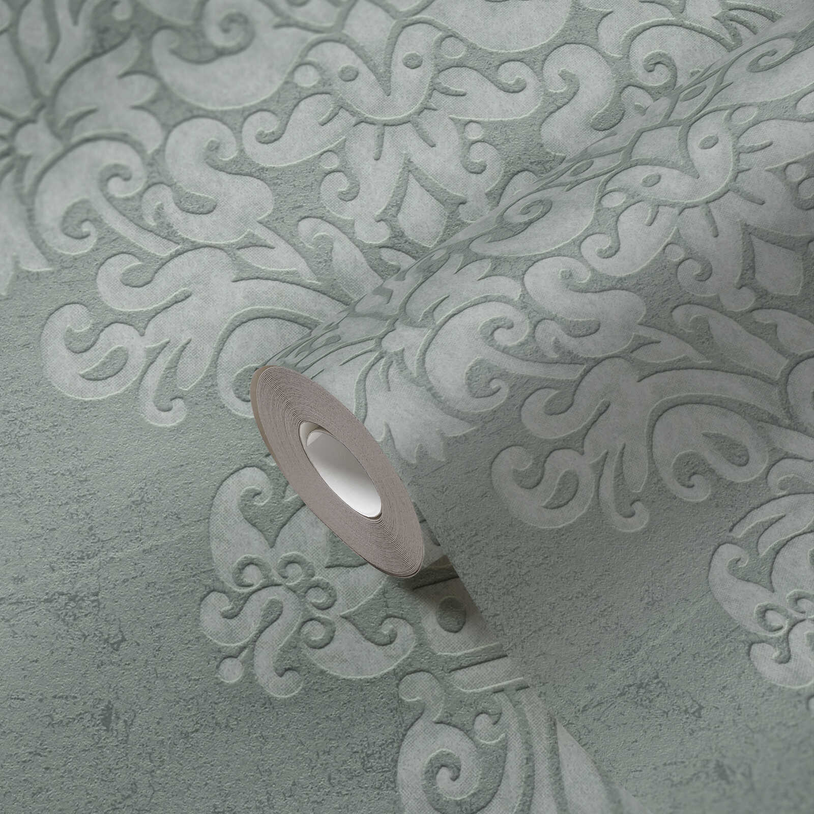 Vliestapete im Barockdesign mit Glitzereffekt – Grün, Dunkelgrün