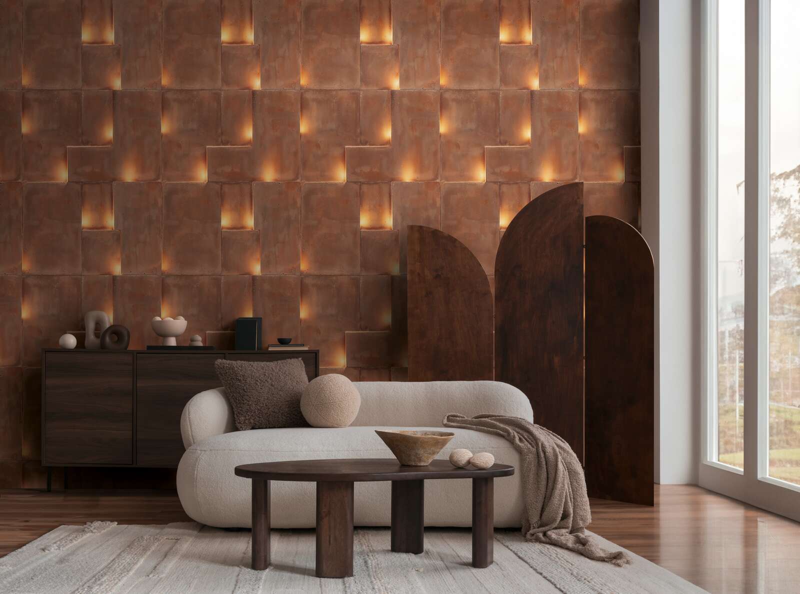 gebürstete kupferwand, texturierte wand, wohnzimmer, sofa, kaffetisch