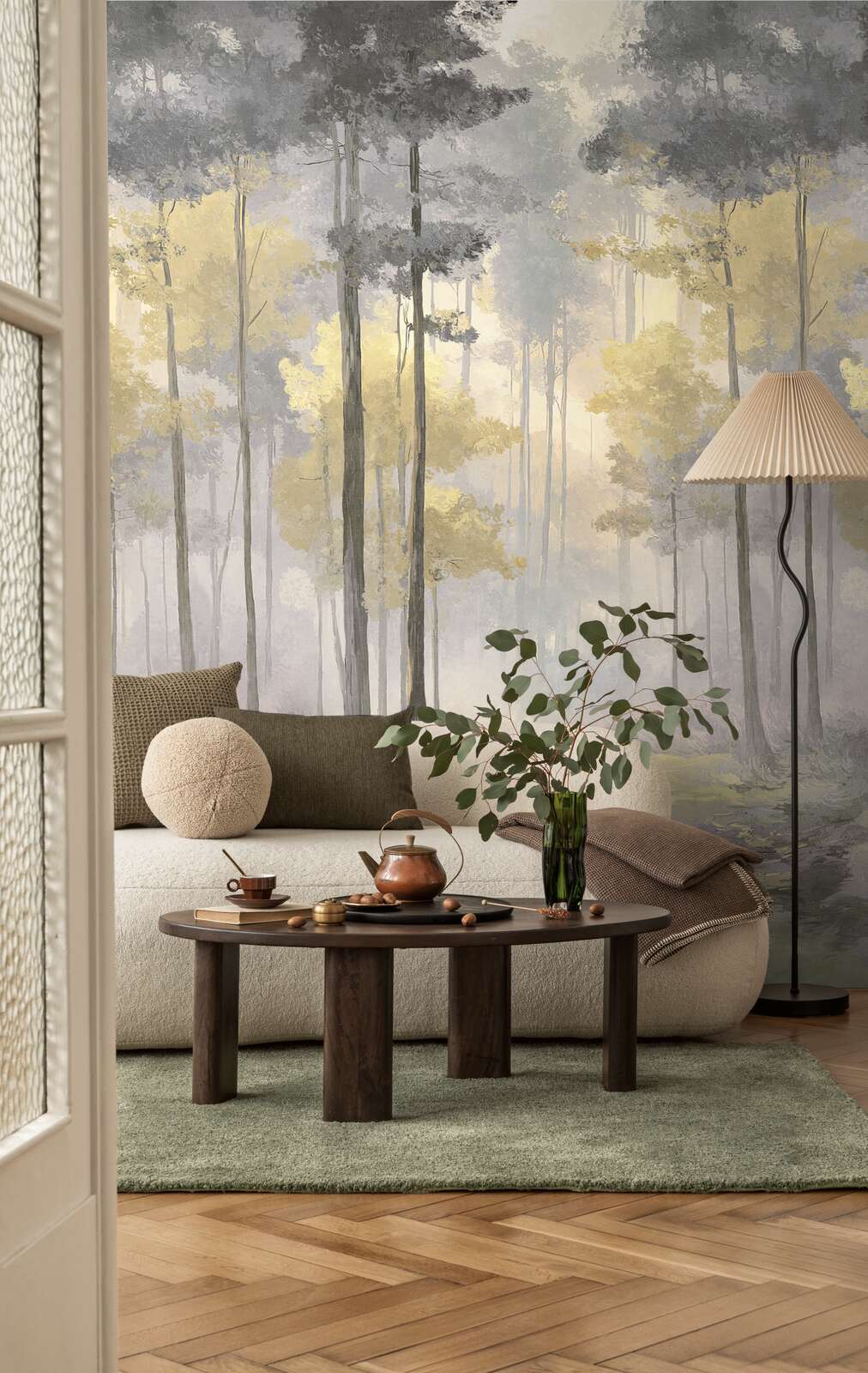 Wohnzimmer, Wandtapete, Sofa, Kaffeetisch, Pflanzen