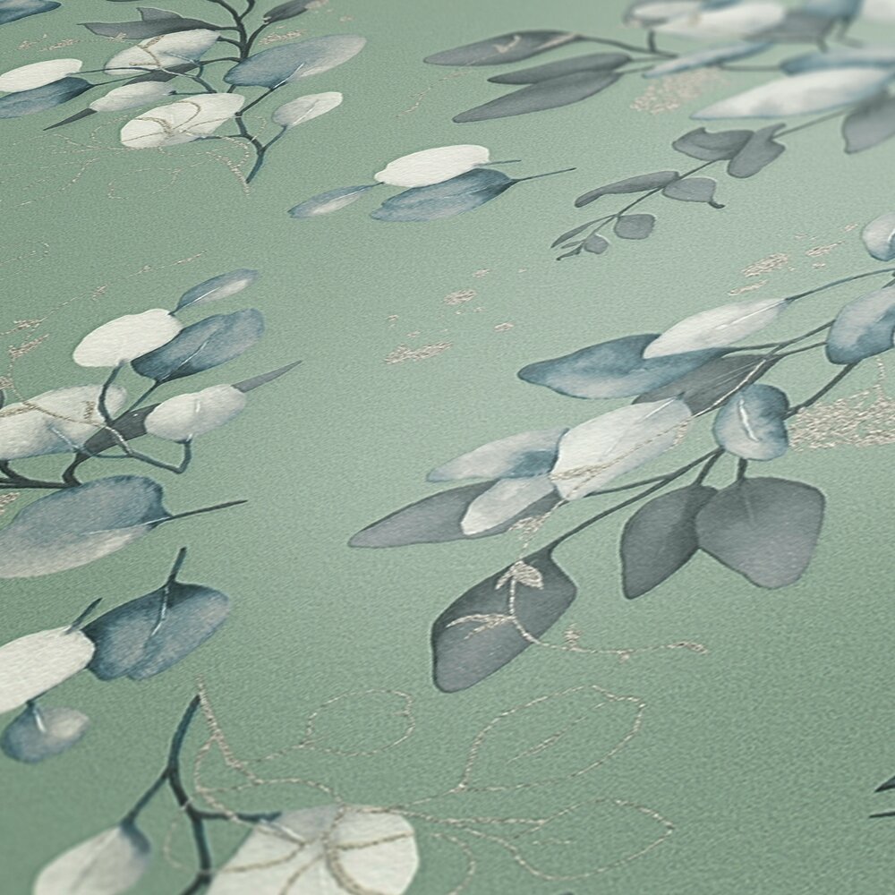 Glad vliesbehang met een elegant bloemendessin - groen, grijs, blauw