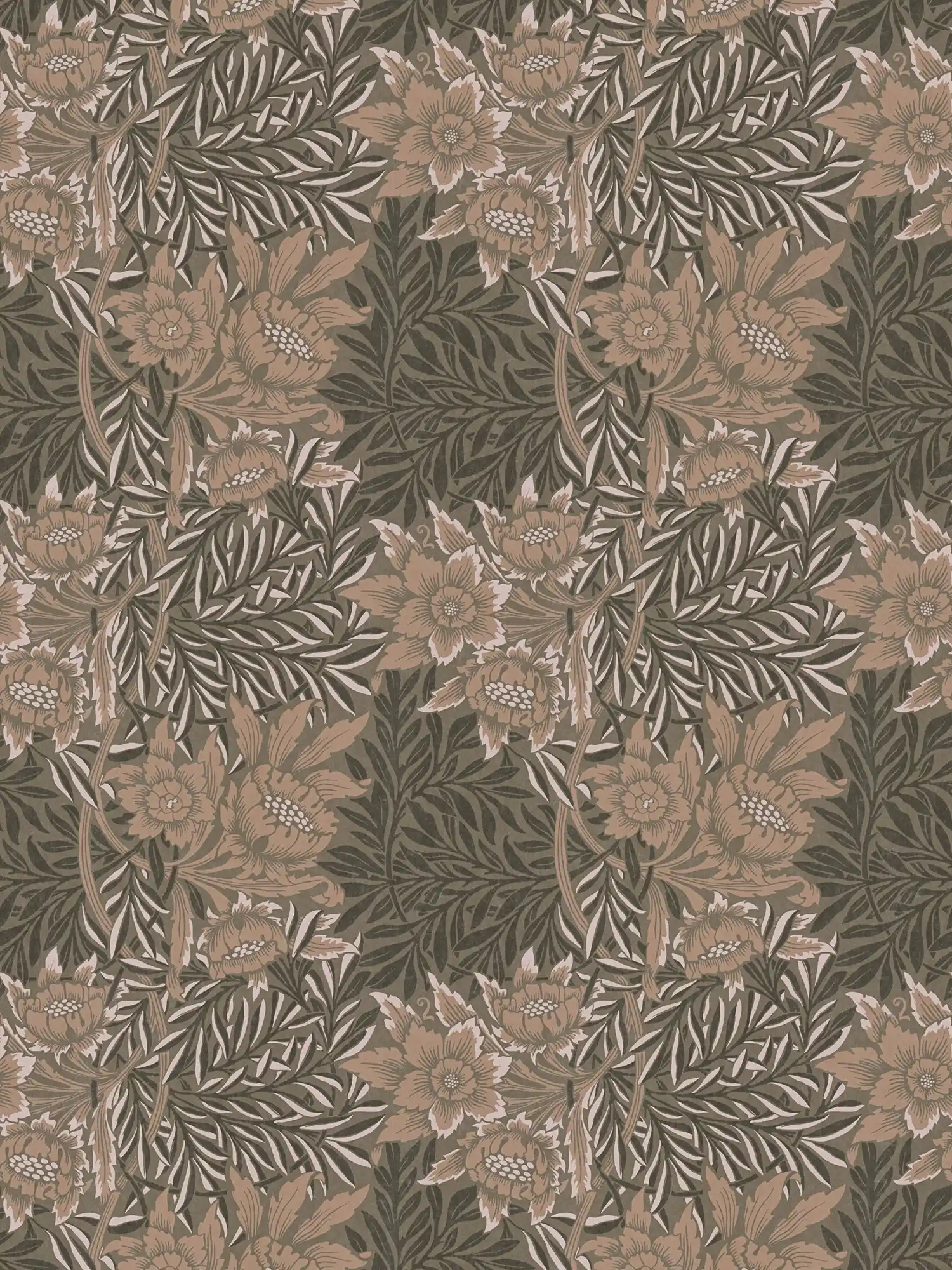         Blumentapete mit Blätterranken und Blüten – Braun, Grau, Weiß
    