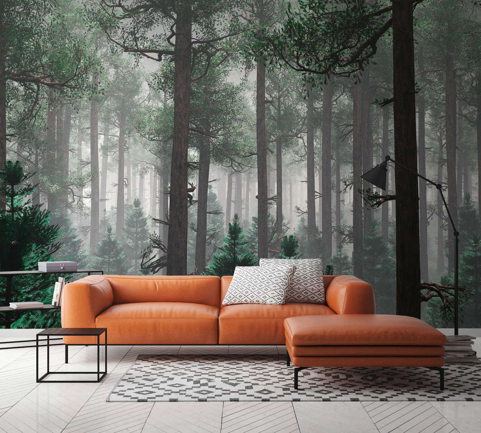 couch, sofa, orange color, living room, wall mural