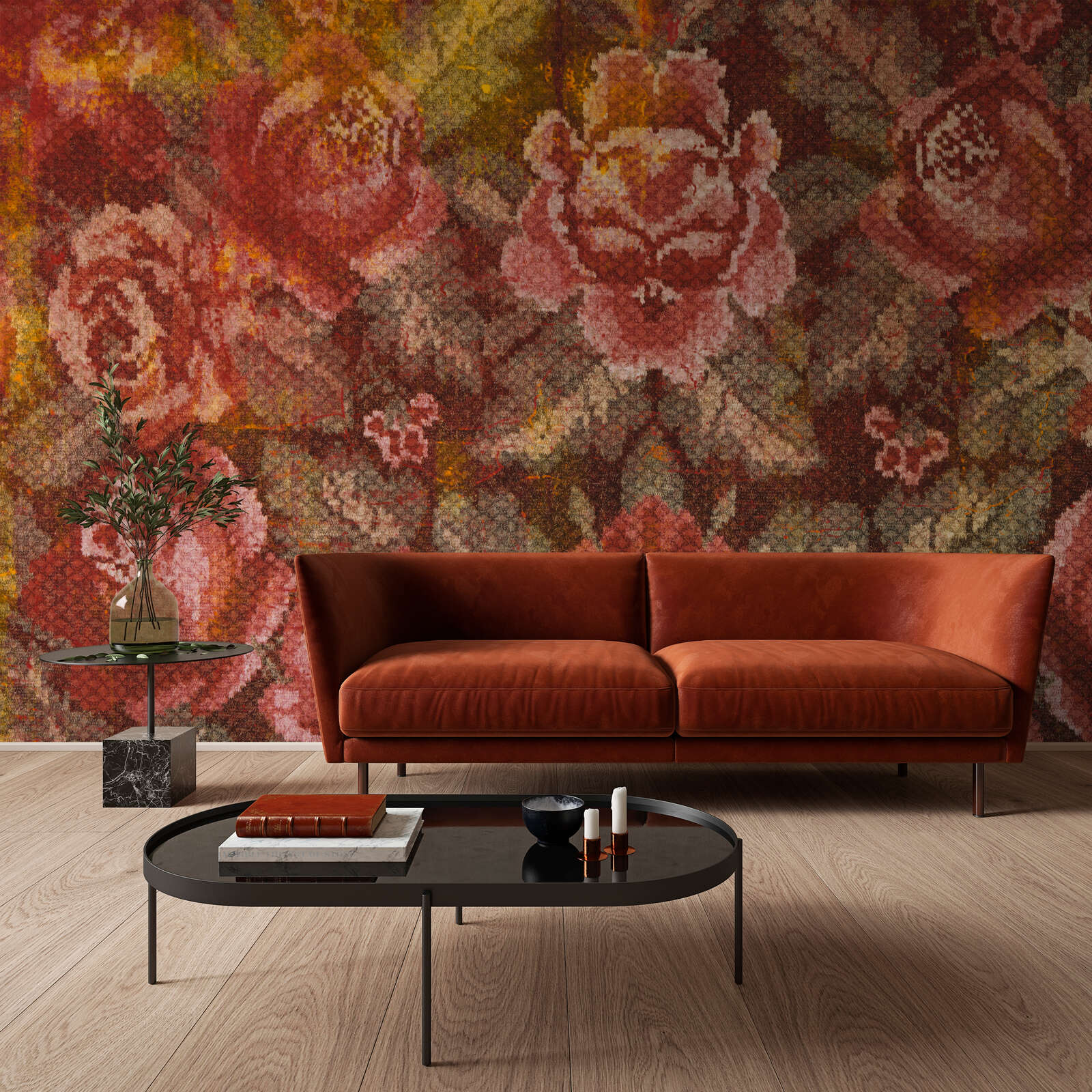 sofa, Samtstoff, orange, Zweisitzer, Wohnzimmer