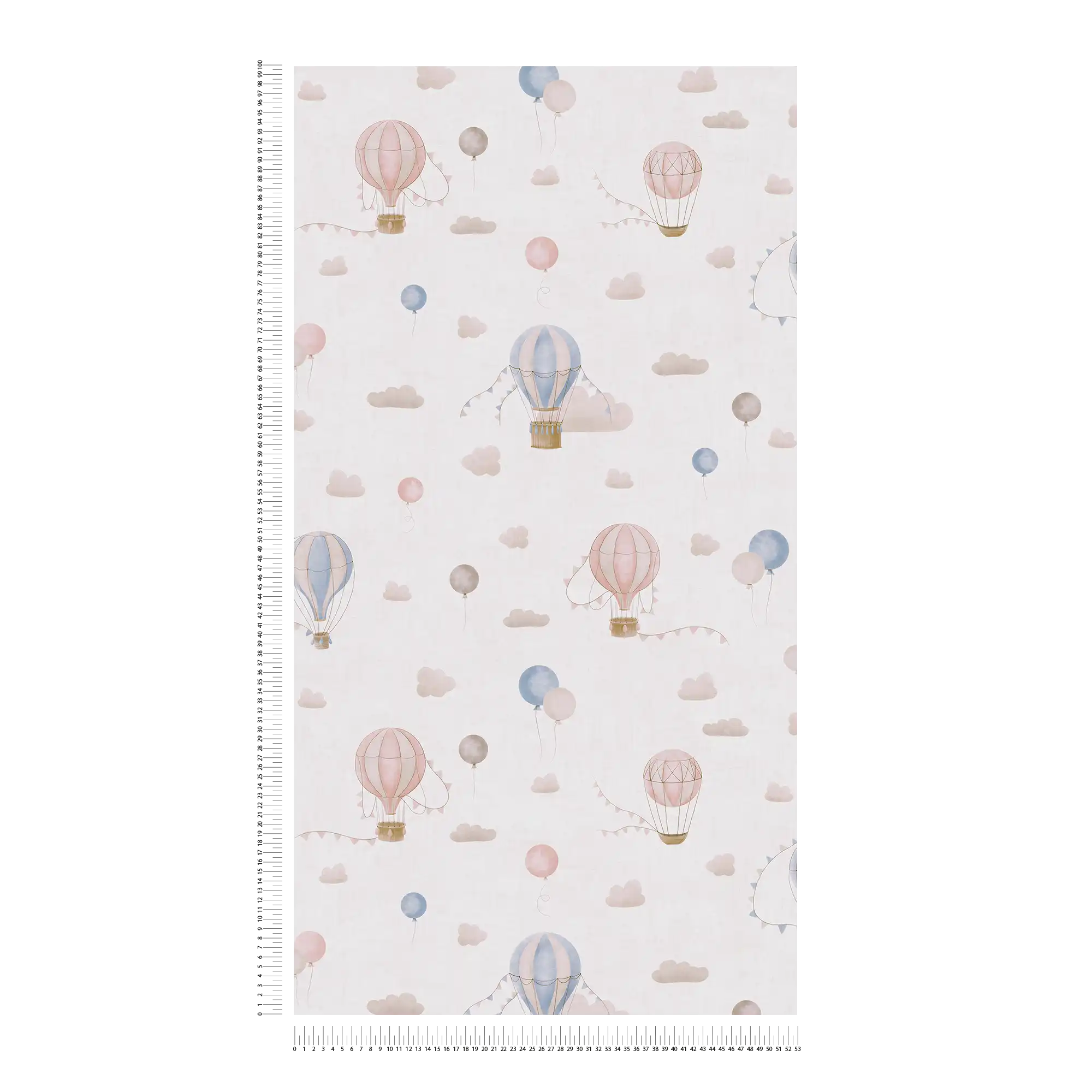             Kinderzimmer Vliestapete mit Heißluftballons und Wolken – Verspieltes Design für kleine Entdecker – Blau, Creme, Rosa
        