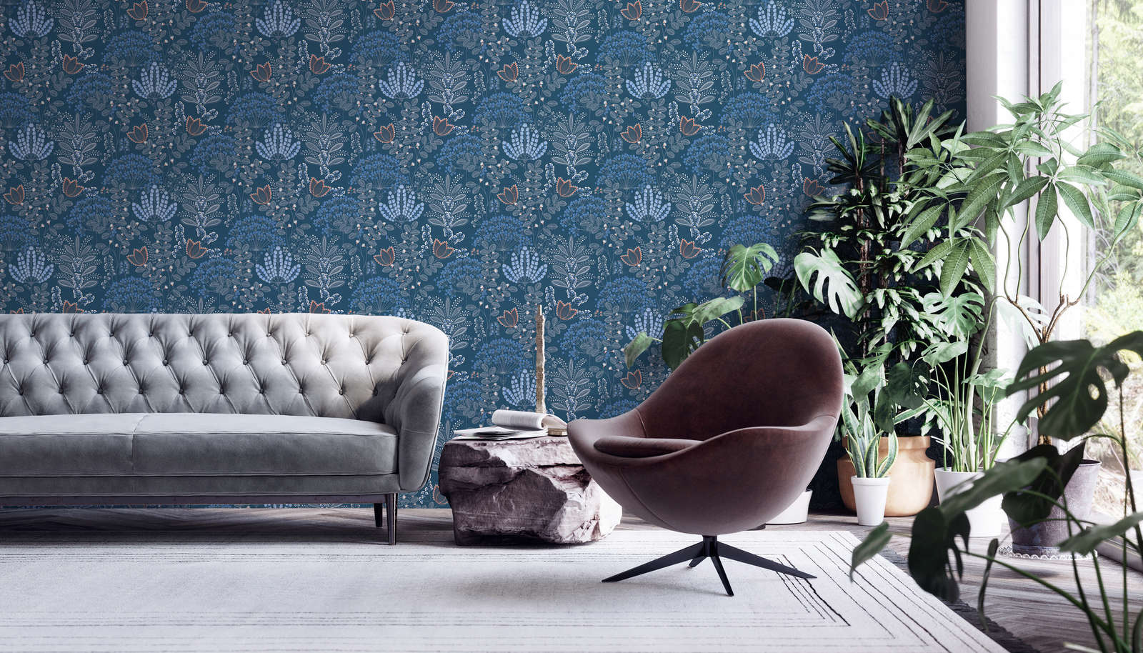 Vliestapete floral mit Blättern im Retro-Look leicht strukturiert, matt – Blau, Weiß, Grau