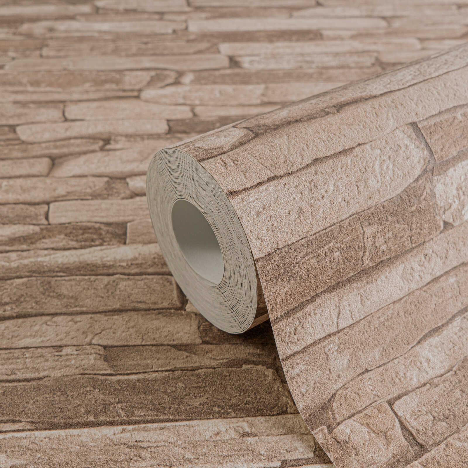             Tapete mit Steinmauer-Muster & 3D-Optik – Braun, Beige
        