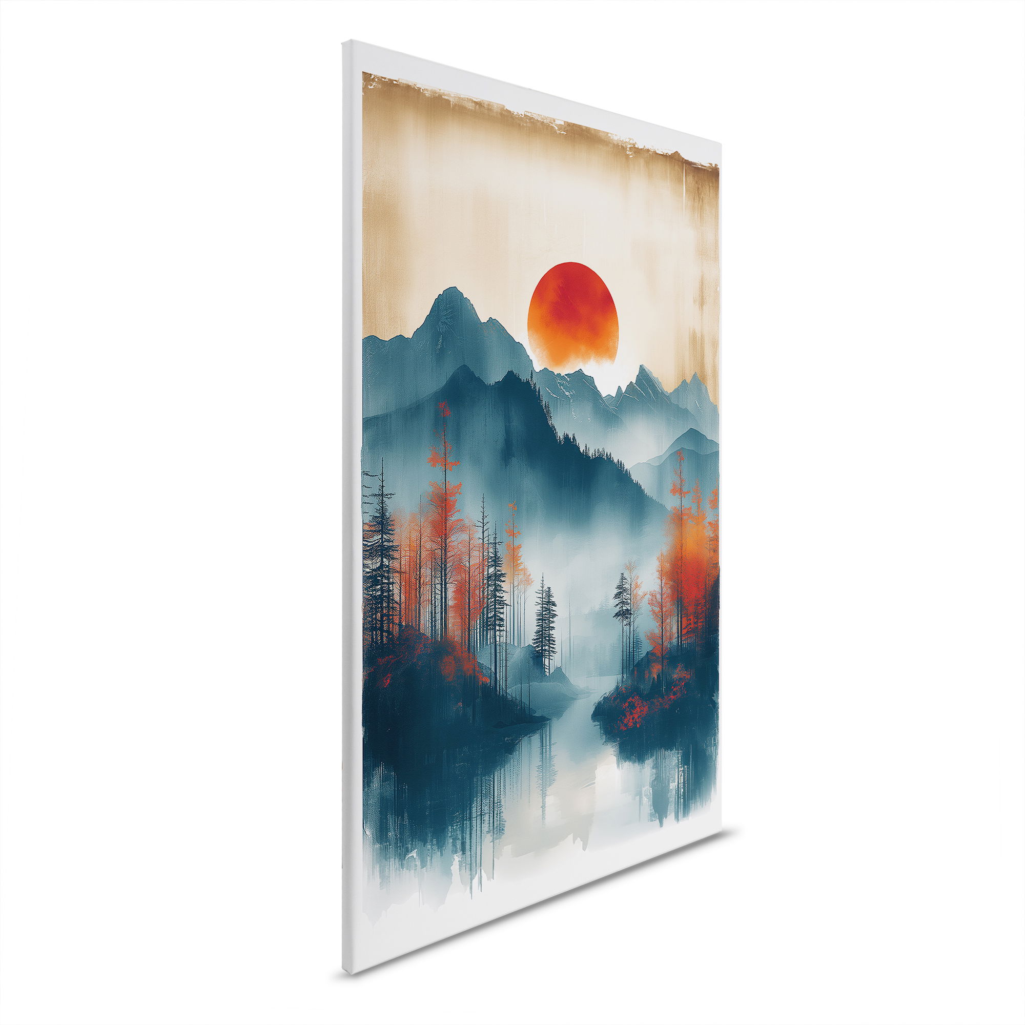         Roter Sonnenuntergang in den Bergen - Leinwandbild mit malerischem Landschaftsdesign. – 30 x 45 cm - Orange, Blau
    