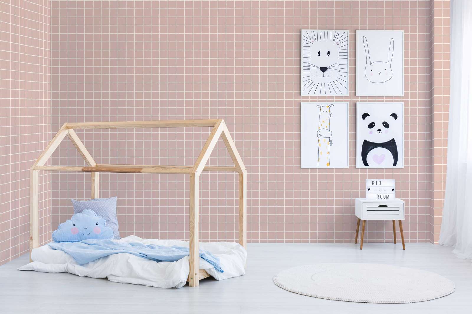             Vliestapete mit gezeichneten Netz-Muster – Rosa, Weiß
        