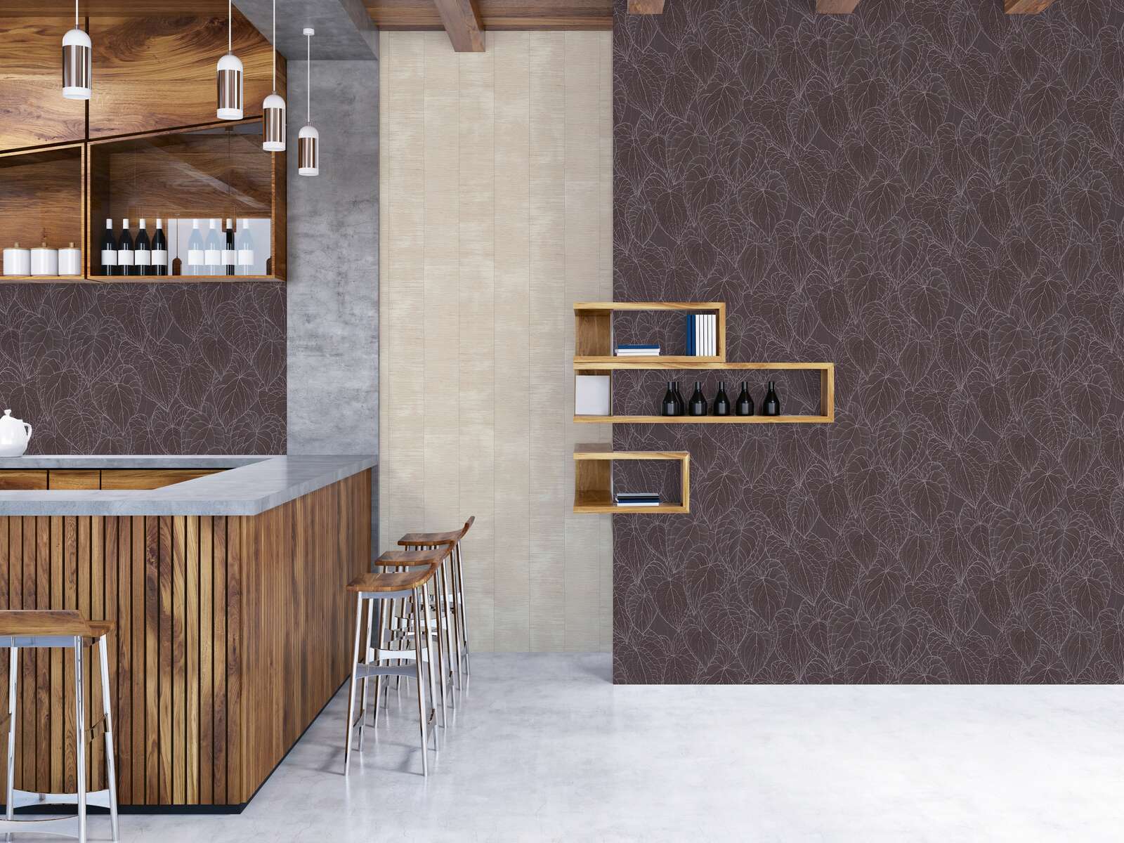             Daniel Hechter Moderne Vliestapete mit Blattmuster und metallischen Effekten – Grau, Lila, Silber
        