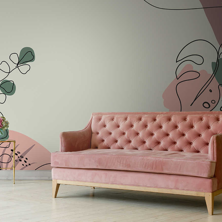 pink sofa, tufted sofa, velvet upholstery, linen floor, decorative mural