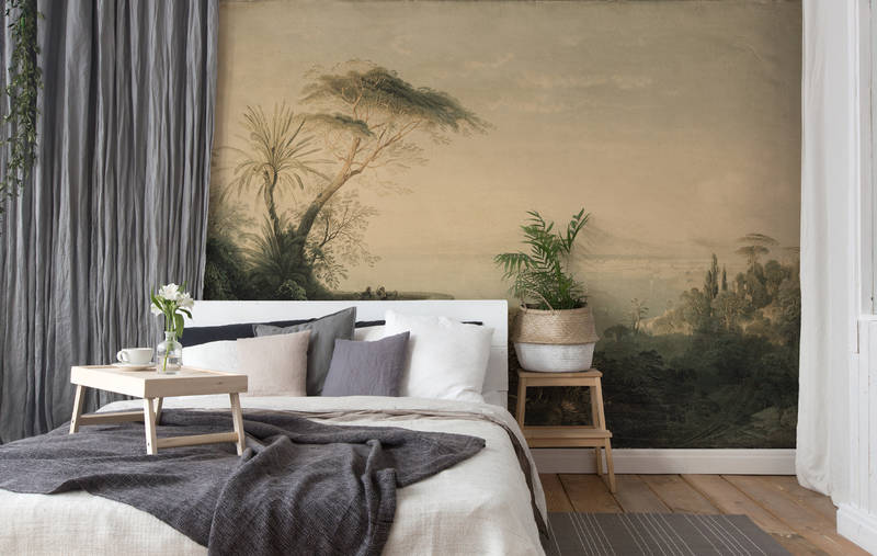 Landscape mural palm trees &amp; sea in art style - green, blue, grey