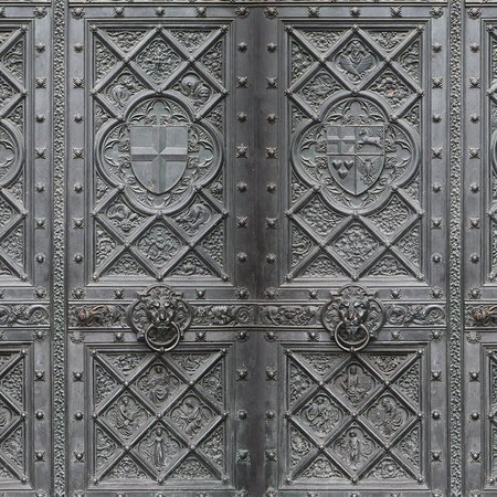 Metalltür, verzierte Tür, geflammte Paneele, Stahlrosen?, Wappen-Motiv