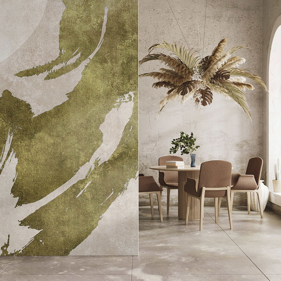         Photo wallpaper »temu« - Brushstrokes with abstract design - Green, cream with vintage plaster texture | Smooth, slightly shiny premium non-woven fabric
    