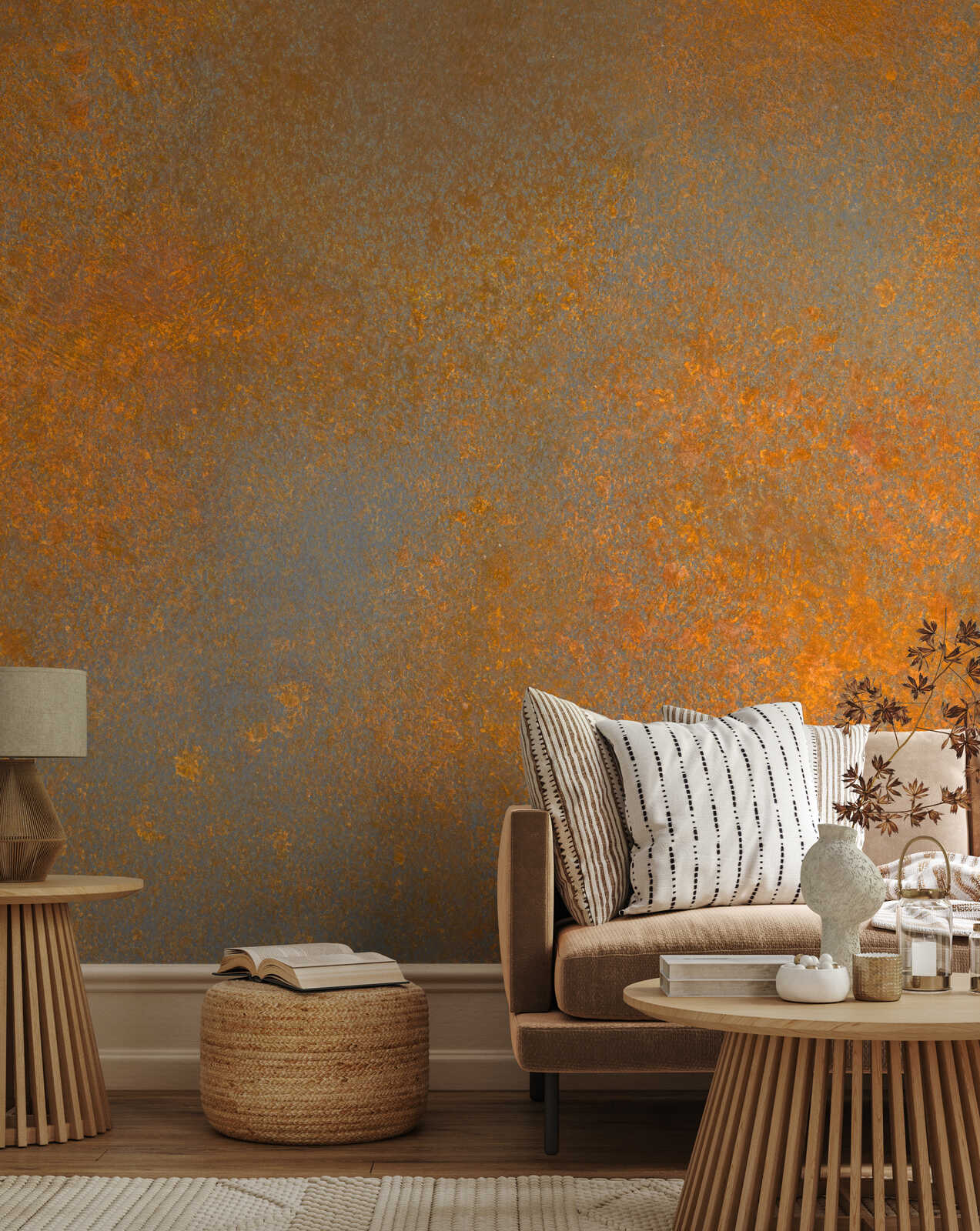 Wohnzimmer, Wandverkleidung, Rustikales Orange, Sofa, Kissen