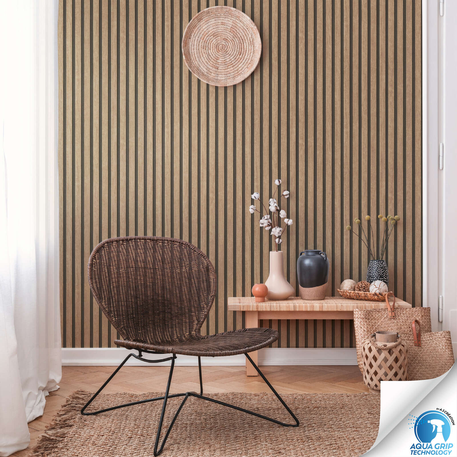             Helle Akustikpaneelen-Vliestapete mit feiner Struktur, Holz- und 3D-Optik – Water. Fix. Ready. – Beige, Braun, Schwarz
        