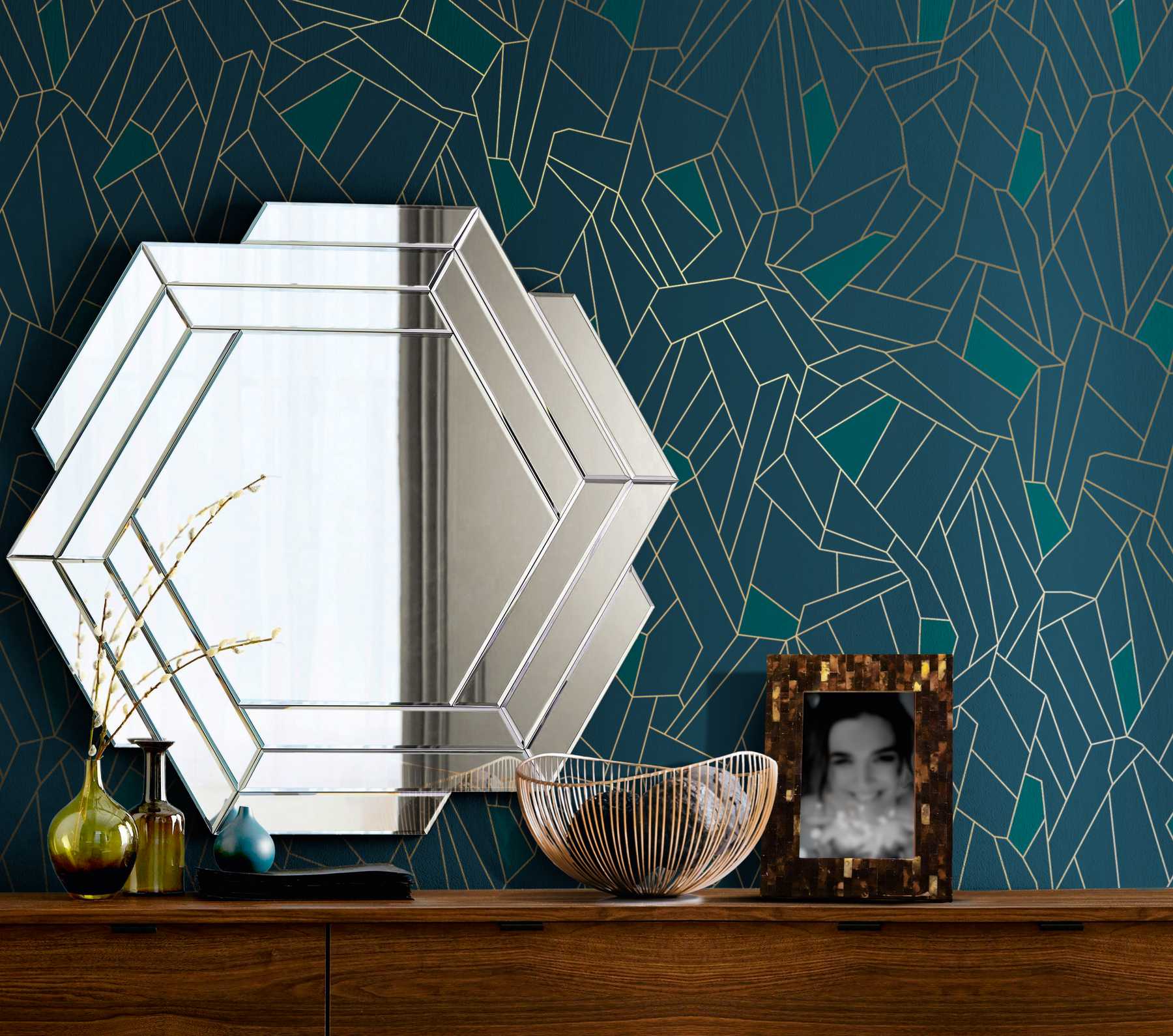             Retro Vliestapete mit Glitzer-Effekt – Blau, Petrol, Beige
        