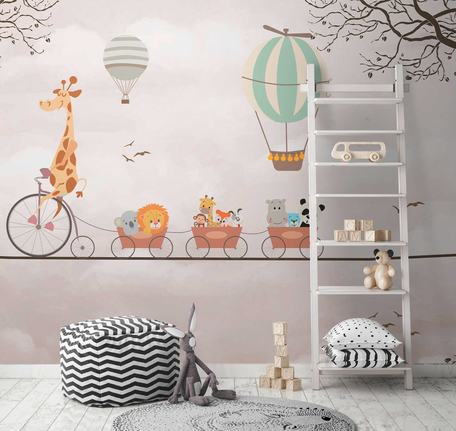         Kinderkamer fotobehang grappige dieren caravan - vliesbehang met giraffe en vrienden - kleurrijk
    