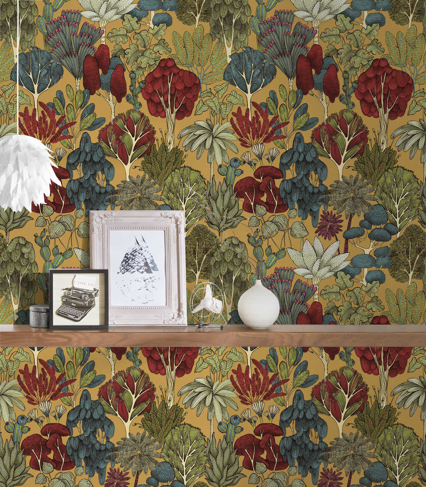             Tapete Senfgelb Bäume mit Doodle Design – Gelb, Rot, Blau
        