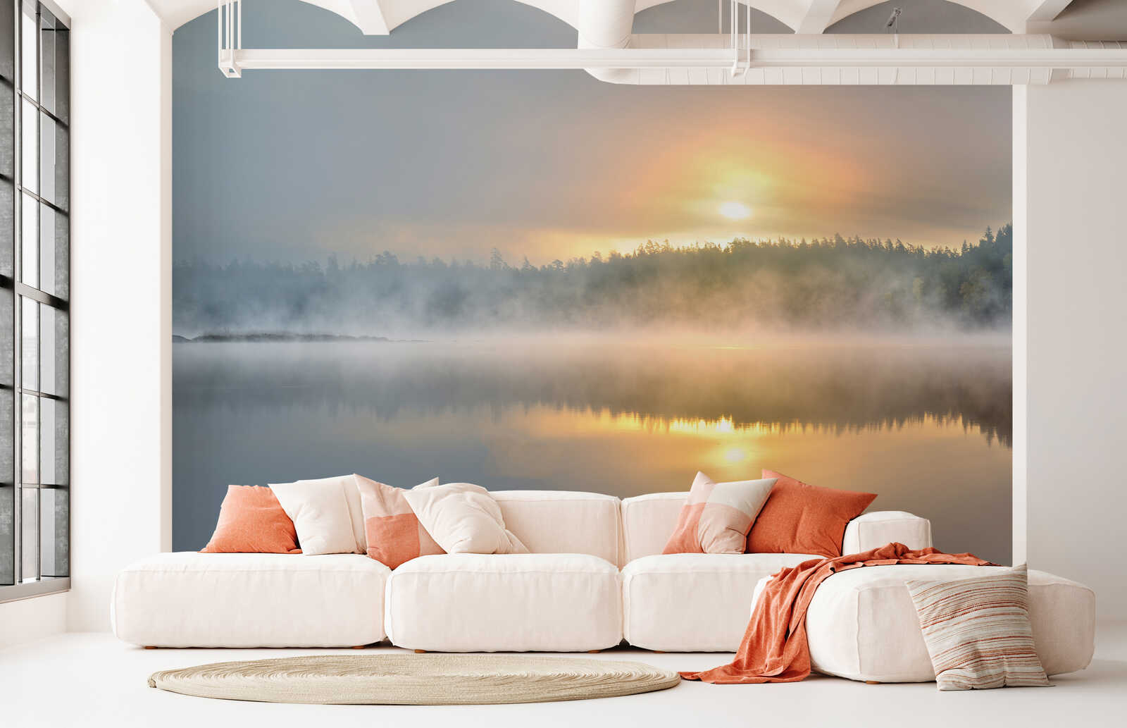 Sichttafel-Landschaft, Sonnenaufgang, Waldreflexion, Nebel, Wandtapete