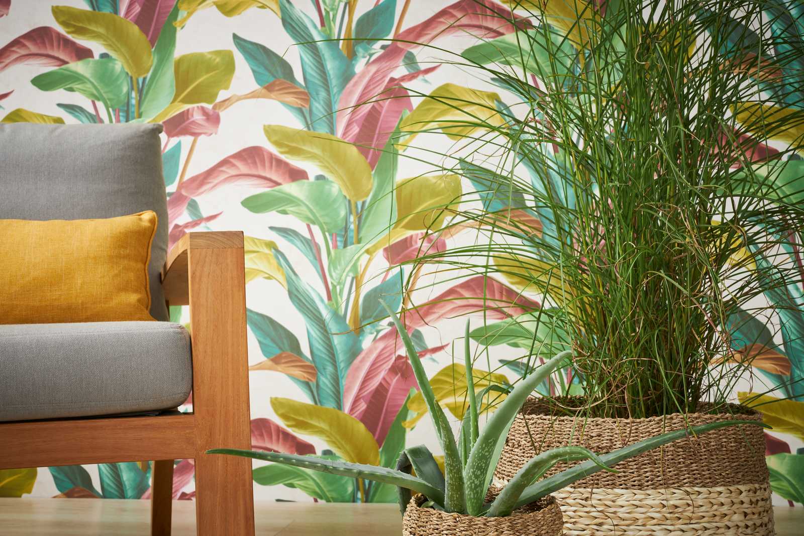             Behang met bladmotief in heldere kleuren - kleurrijk, crème, groen
        