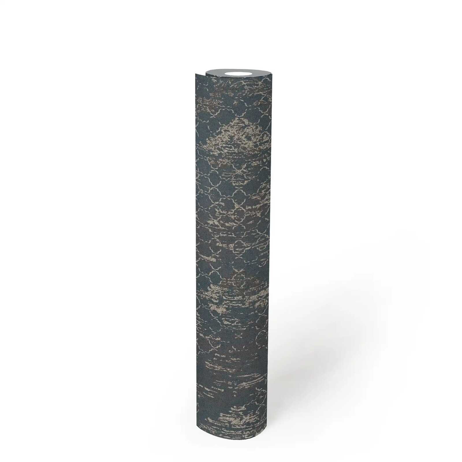 Detailreiche Vliestapete mit schimmernden Ornamenten und feiner Struktur – Blau, Silber, Metallic