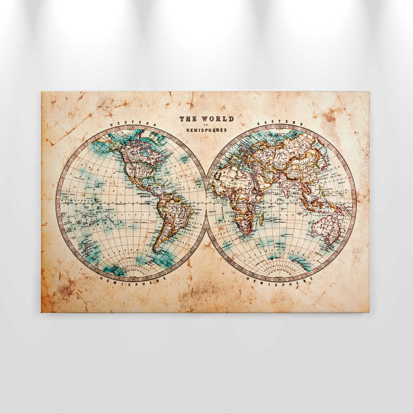 Leinwand mit Vintage Weltkarte in Hemisphären | braun, beige, blau – 0,90 m x 0,60 m