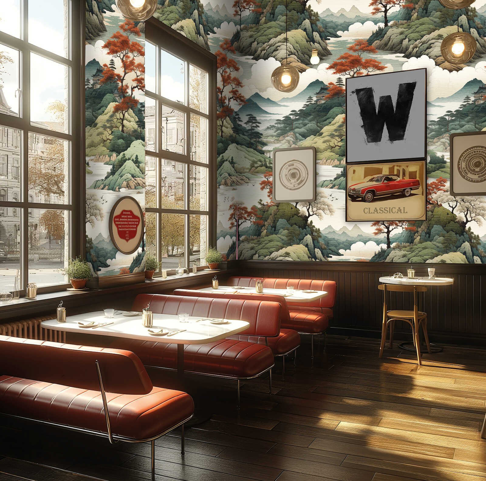 Vliestapeten Panel "Misty Mountains" 159cm Breite x 280cm Höhe - Bergische Landschaft mit bewölktem Himmel und Bäumen, glatte Oberfläche – Bunt