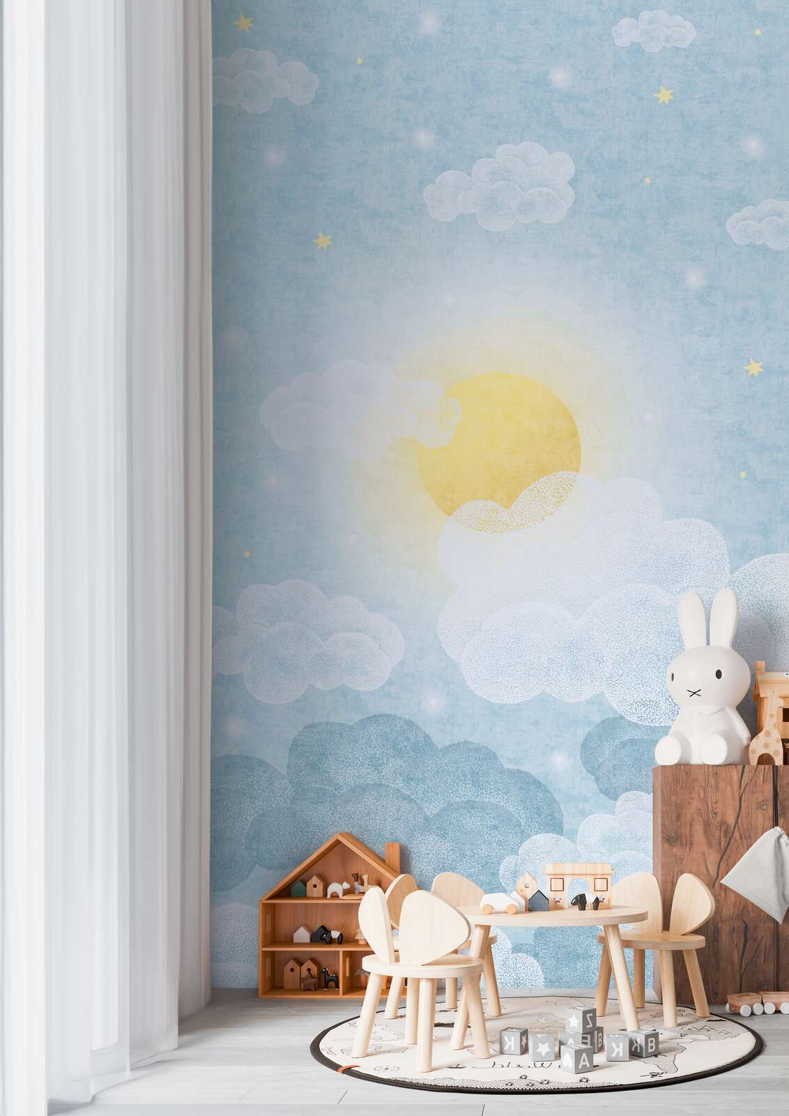             Sonnige Träume Vliestapeten Panel 159cm Breite x 280cm Höhe – Wolken und Sonne für fröhliche Kinderzimmer, glatte Oberfläche – Blau, Gelb, Weiß
        