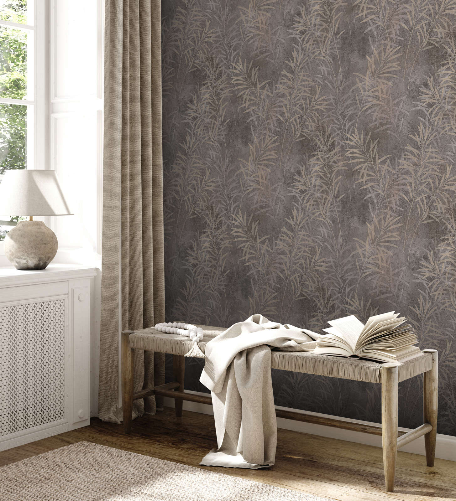 Florale Vliestapete mit Gräser-Muster und feiner Struktur – Grau, Beige, Metallic